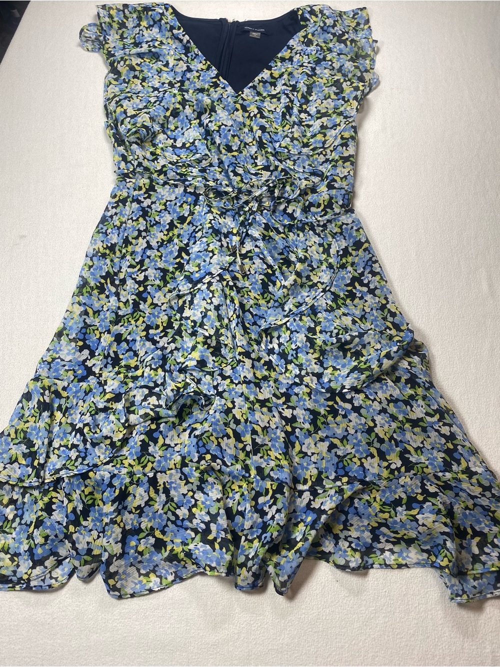 Tommy Hilfiger Blue Floral Wrap-Style Ruffle Dress
